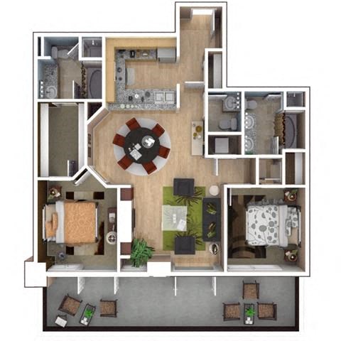 Floor plan for 2 beds, 2 baths, 1360 sqft